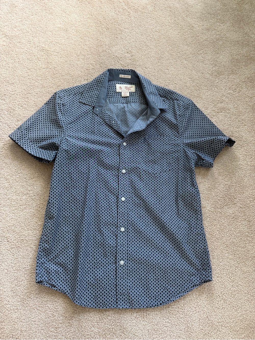 Penguin Blue Short-Sleeve Button-Down with Navy Geo Print